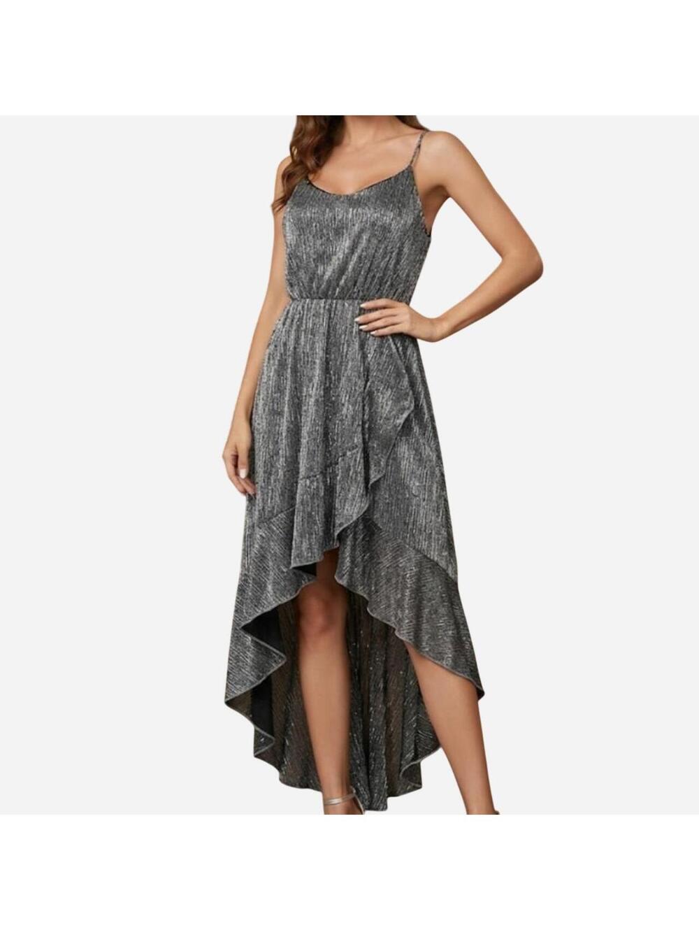 Janette Metallic Silver High-Low Spaghetti Strap Dress - Women's Large